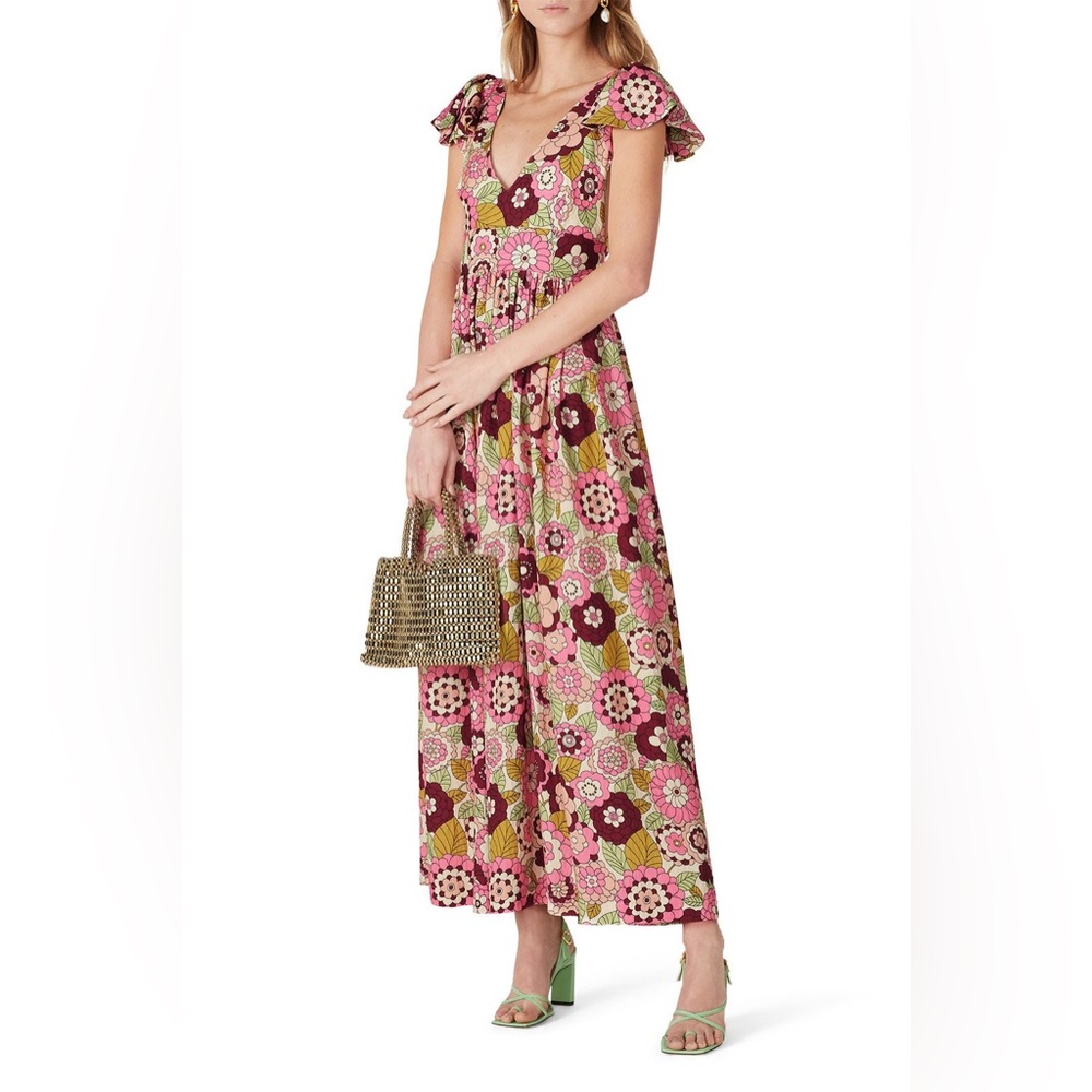 Dodo‎ Bar Or Jenny Long Dress in Pink Florals Flutter Sleeve Maxi Dress size XS